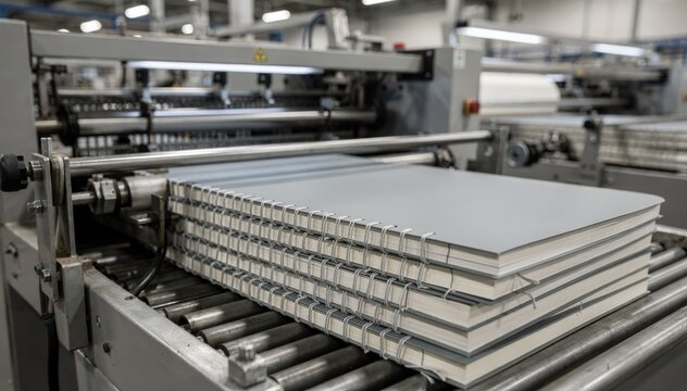 Industrial medium shot capturing the mass production of durable composition exercise books with sewn bindings and soft textured covers flowing rapidly through precision machinery.