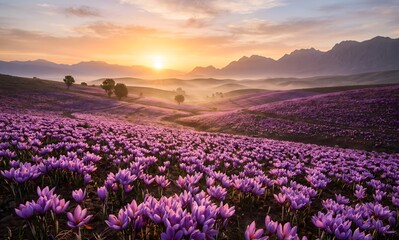 Fototapeta premium Vast saffron field in full bloom at golden hour, rolling hills covered in thousands of violet-purple Crocus sativus flowers stretching to the horizon, warm sunrise light casting long shadows.