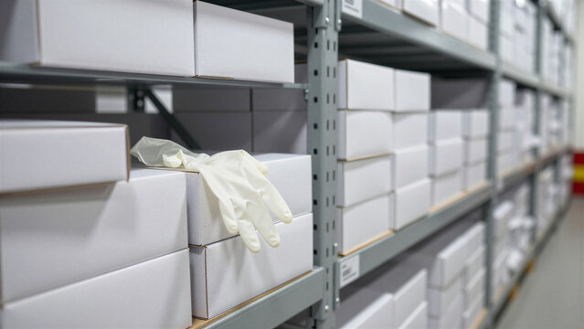 Emergency Medical Glove Stockpile in Warehouse Before Release, Copy space on the right