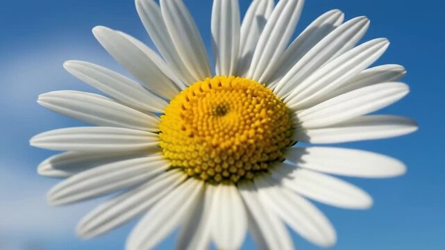 Close-up of a white daisy flower against a bright blue sky with clouds.