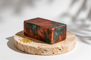 Obraz premium Minimalist Still Life of a Patinated Copper Block on a Travertine Base with Gold Crystals