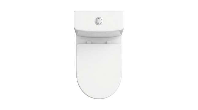 Top-down view of a modern white porcelain toilet with closed oval seat, visible cistern and flush button