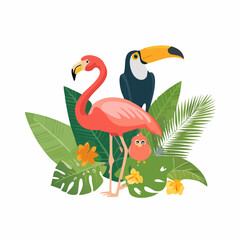 Fototapeta premium Tropical Birds and Foliage Illustration