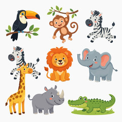 Fototapeta premium Adorable collection of cute baby safari animals, including a cheerful toucan, playful monkey, happy zebra, friendly lion, sweet elephant, tall giraffe, gentle rhinoceros, and smiling crocodile.