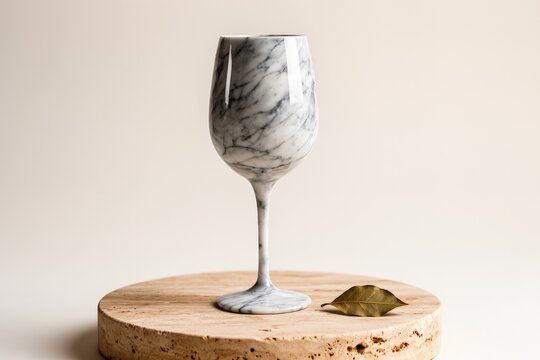 Surreal Conceptual Still Life of a White Marble Wine Glass on a Travertine Stone Base