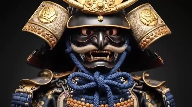 A close-up, detailed view of a traditional Japanese samurai warrior's ornate helmet and mask, showcasing intricate craftsmanship and cultural heritage.