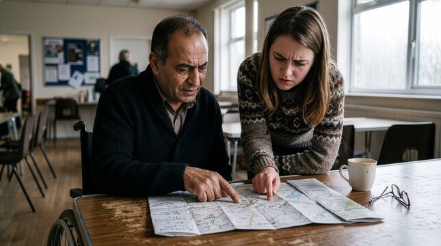Candid two people consulting paper map together, cross-cultural problem solving and human cooperation