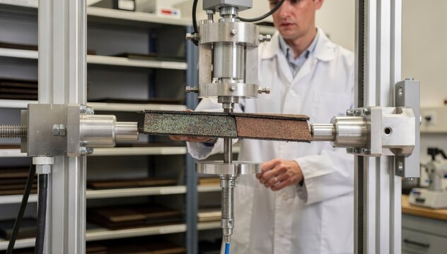 Medium shot of a technician performing tensile testing on new shingle samples highlighting the precision equipment and fresh material strength verification in the quality control
