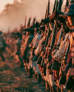 Medium frame showing a diverse group of historic reenactors tightly aligned with muskets raised highlighted by warm cinematic light and telephoto compression against a smoky rural