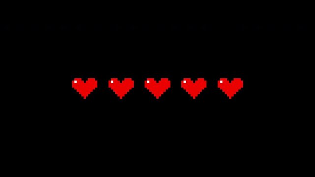 Retro Pixel Art 8-Bit Health Bar Animation with Five Heart Icons Decreasing Life Points Looped 4k video