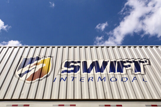 A Swift Intermodal container in the consist of a double stack train. Swift Intermodal services is part of Swift Transportation which is part of Knight-Swift Transportation of Phoenix, Arizona.