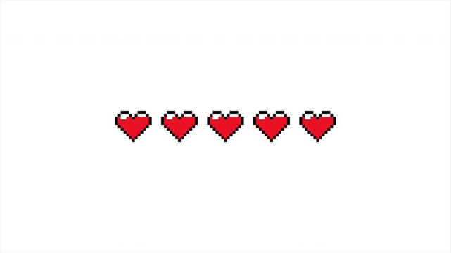 Retro 8-Bit Pixel Art Health Bar Animation with Five Hearts Filling and Decreasing on White Background 4k video