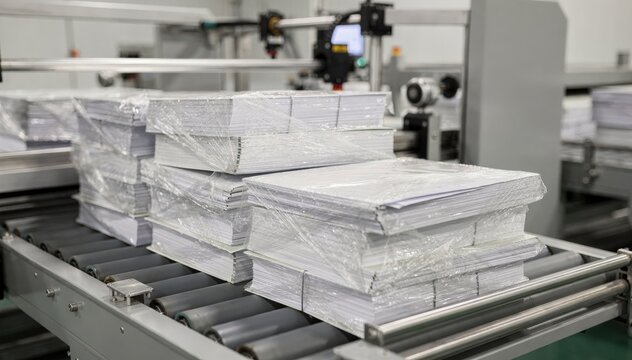 Medium shot focusing on shrinkwrapped envelope bundles being counted and stacked by an automated machine highlighting modern packaging technology.