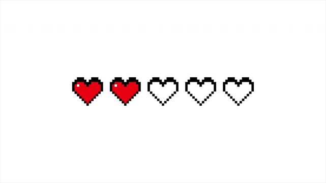 Retro 8-bit Pixel Art Health Bar with Five Heart Icons Filling Up and Decreasing Life Points Animation Loop 4k video