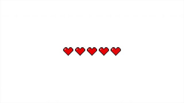 Retro 8-Bit Pixel Art Health Bar Animation featuring Five Hearts Filling and Decreasing Life Points on White Background Looped 4k video