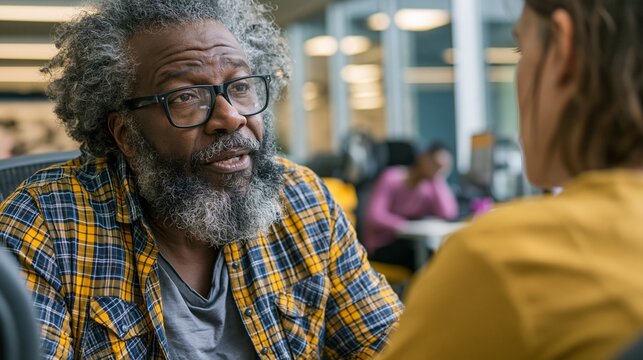 Medium shot of a diverse older veteran attentively discussing ergonomic desk accommodations with an employment specialist in a bright disability resource center soft daylight