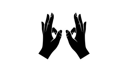 Obraz premium Hands forming a mudra gesture are displayed as a black silhouette against a stark white background to symbolize mindfulness, meditation, and inner peace in a minimalist graphic design composition.