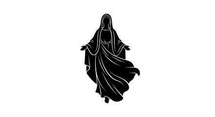 Virgin Mary silhouette stands with arms outstretched in a classic religious pose that represents grace, divinity, and spiritual devotion in a clean, minimalist black and white graphic composition. © Berkah