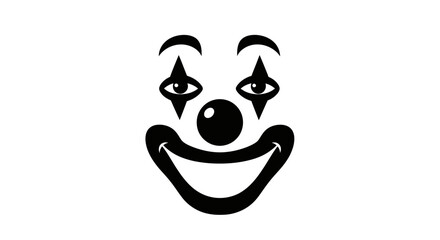 Fototapeta premium Clown face icon displays a cheerful and iconic circus performer design with a large smiling mouth and a round nose rendered in a bold black and white graphic style for entertainment branding purposes.