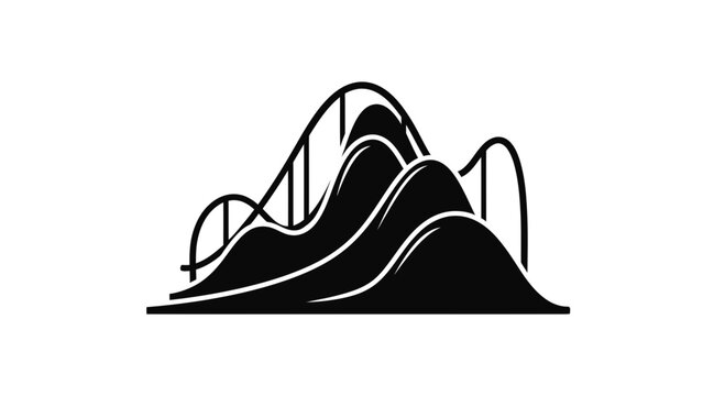 Rollercoaster silhouette depicts a thrilling amusement park ride with steep tracks and loops that represents excitement, adventure, and leisure activities in a clean and modern black graphic style.
