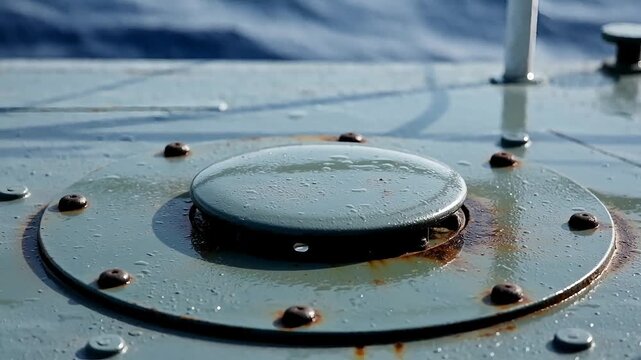 Close up of a round metallic hatch cover painted green with bolts and rust stains on a wet ship deck