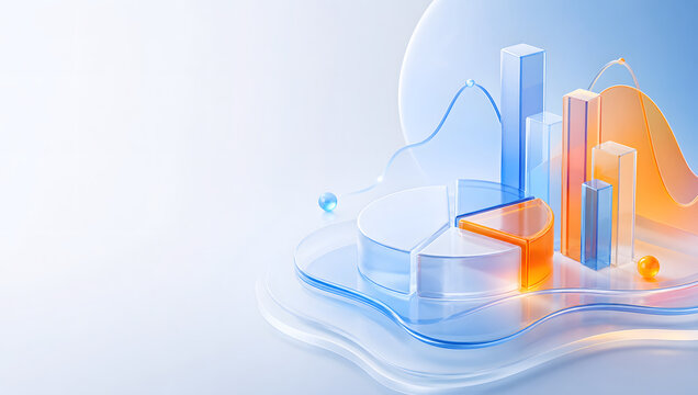 Abstract 3D glassmorphism geometric shapes, translucent frosted glass charts and fluid layers