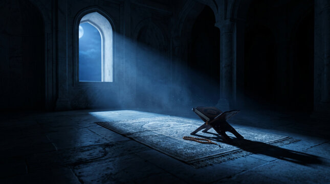 Open quran and prayer beads on rug in dimly lit arched stone interior authentic tahajjud salat practice
