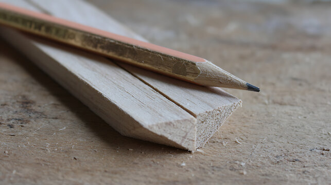 A sharpened graphite pencil rests upon a piece of cut balsa wood, highlighting precision, craftsmanship, and potential for creative projects