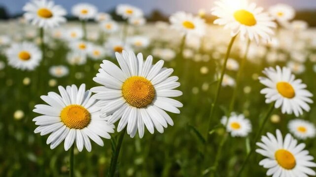 Field of white daisies in bright sunlight with green stems and leaves.