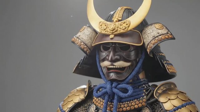 A close-up studio portrait of a traditional Japanese samurai helmet and mask, showcasing intricate craftsmanship and historical detail.