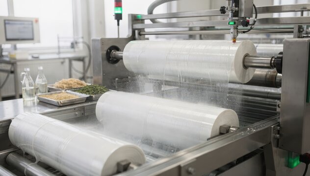 Medium shot showing waterbased biobarrier coatings being evenly applied on industrial packaging rolls emphasizing clean nontoxic plantderived materials for food protection.