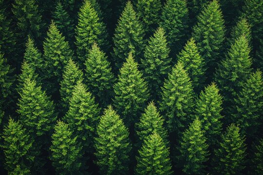 Aerial View of Lush Evergreen Forest: Symmetrical Coniferous Trees, Deep Green Canopy