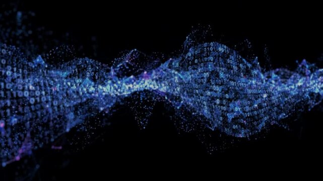 Abstract Digital Binary Code Wave Flowing Through Futuristic Plexus Network on Black Background 4K