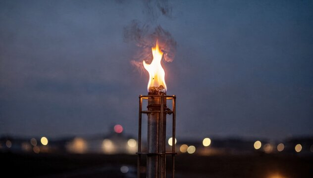Vertical flare stack gently burning landfill gas under moody twilight lighting main flame and stack finely sharp against smooth bokeh of darkening sky.