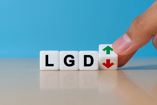 Concept Loss given default or LGD. business acronym. Cubes with letters and an arrow down.