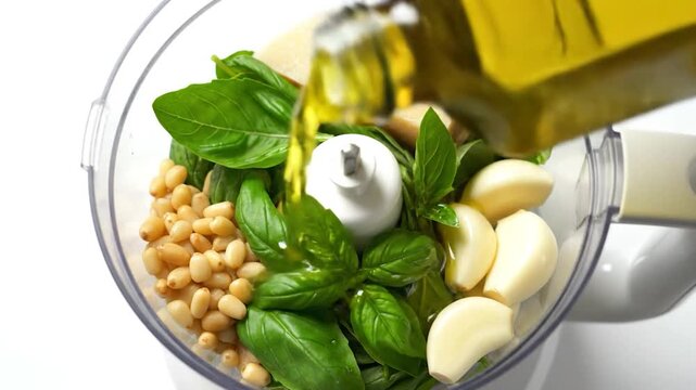 Close-up of food processor bowl filled with fresh basil, cheese, pine nuts, garlic