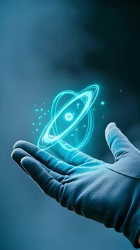 Gloved hand displaying a cyan holographic light pattern. Futuristic technology with glowing rotating rings. Sci-fi data visualization concept