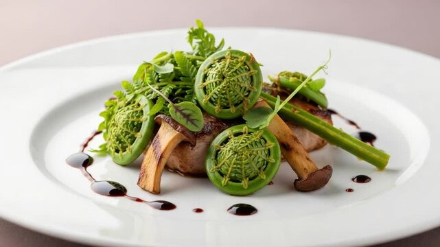 Gourmet Fiddlehead Fern and Mushroom Plated Dish with Balsamic Reduction for Fine Dining Menu Presentation and Culinary Food Photography Concept