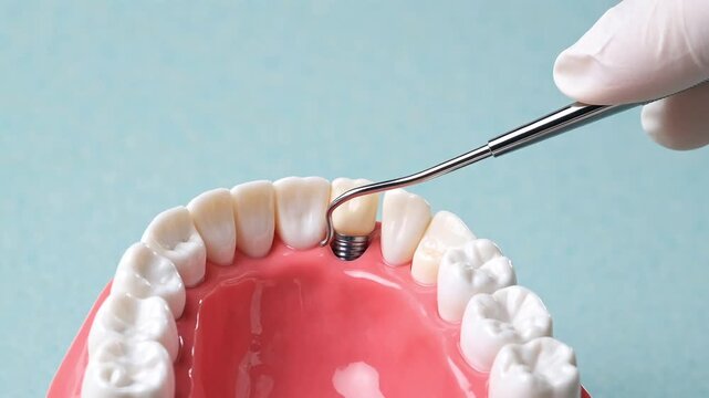 Gloved hand holding a dental explorer instrument over a jaw model with a prominent metallic implant screw used for orthodontics education