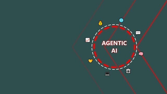 Agentic ai technology concept with digital icons and lines on a dark teal background