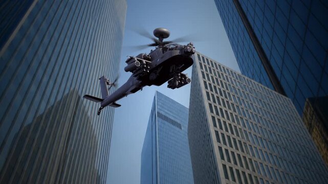 Helicopter hovering between skyscraper buildings low angle