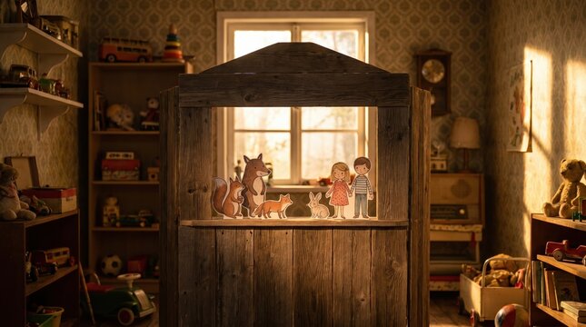 A wooden puppet theater stands in a warm vintage playroom. The scene evokes a sense of nostalgic childhood wonder and simple play. Perfect for storytelling or educational themes.