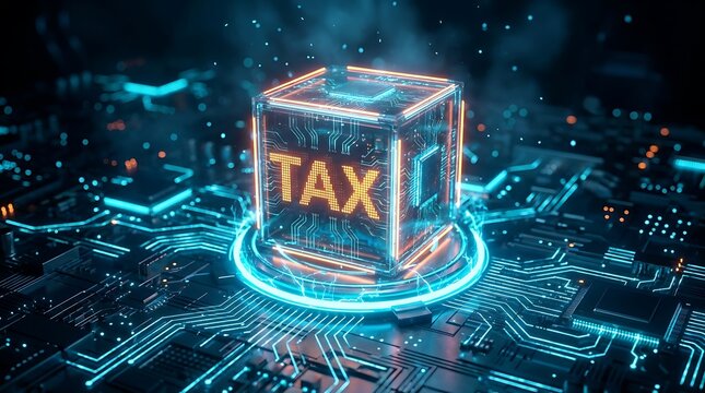Illuminated cube with the word 'TAX' on a futuristic circuit board, representing digital tax services and financial technology.