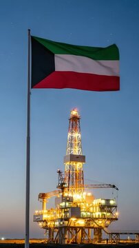 Kuwaiti flag waving above an illuminated oil drilling rig at dusk, representing national energy production, petroleum industry infrastructure, and Middle Eastern oil resources