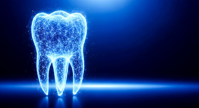 Glowing blue tooth, dental health concept, neon light, medical illustration, blue background