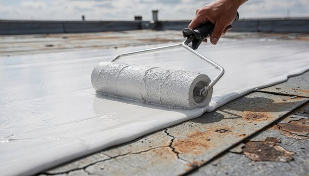 Medium shot of an elastomeric selfhealing roof coating being applied showcasing its flexible texture ideal for sealing microcracks and enhancing roof durability naturally.