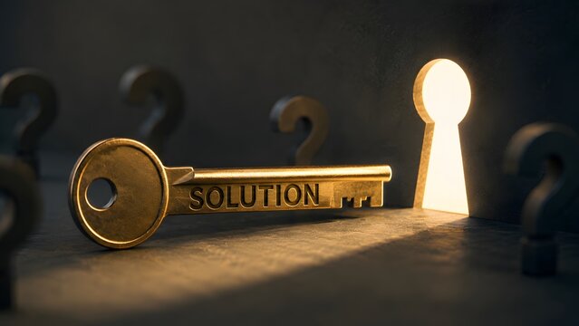 Golden solution key resting on dark floor leading to brightly lit keyhole doorway surrounded by question marks symbolizing the ultimate answer and breakthrough