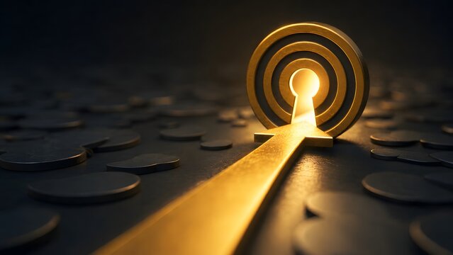 Conceptual 3D illustration of a glowing golden arrow entering a keyhole target representing business strategy goal achievement and unlocking success