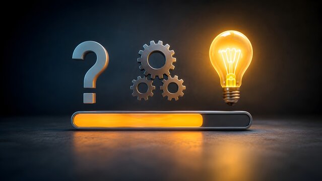 Visualization of the problem solving process showing question mark gears and glowing lightbulb over a progress bar depicting idea generation and continuous innovation