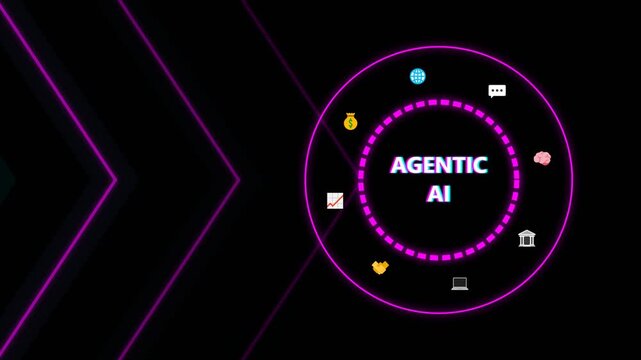 Agentic AI concept with a glowing neon circle and digital icons on a dark background
